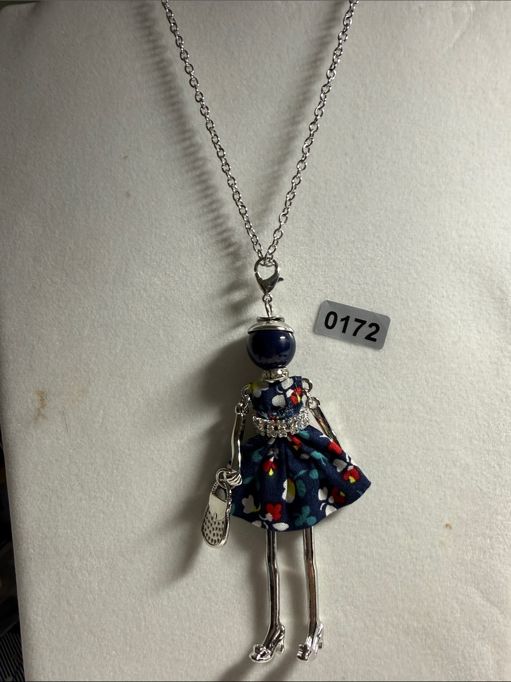 Silver Toned Doll Pendant Necklace-Navy Floral Dress Accent